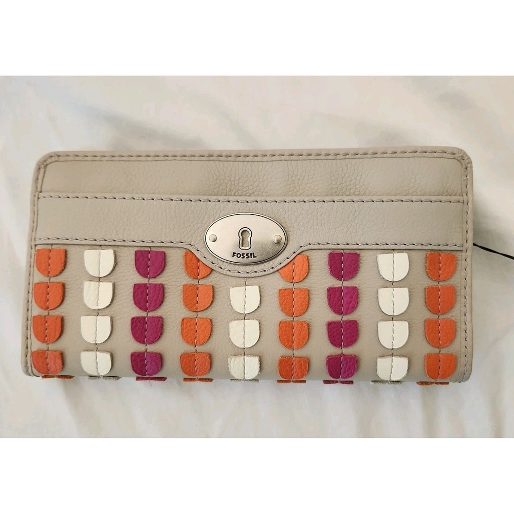Fossil‎ Gray Leather Zip Clutch Handbag Retro texturing outer raised co 8x4 Inch